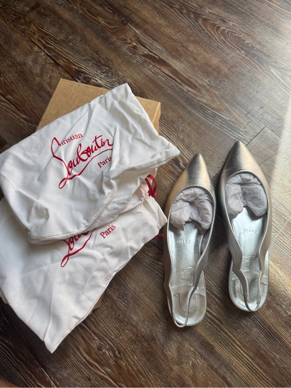 Christian Louboutin Silver Pointed Slingback Flats - Women's Metallic Leather - Picture 10 of 11